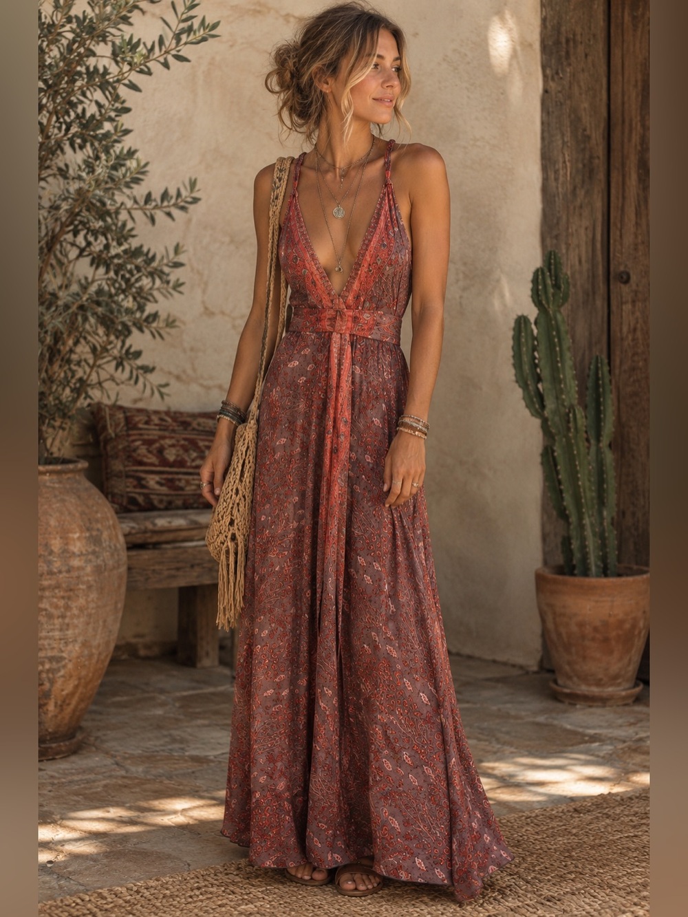 Paths of the Spirt Silk Dress Boho V-Neck Maxi Dress in Rust Floral